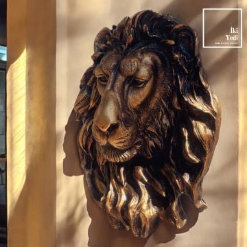 Büyük Aslan Başı Duvar Dekoru 42 cm Gold Aslan Kafası Objesi Dekoratif Heykeller Ofis Hediyesi Aslan Burcuna Sıradışı Hediyelik Figür