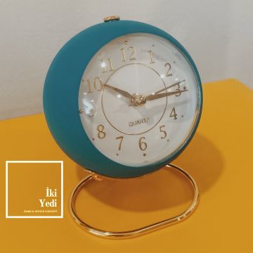 Otorio Yeşil Gold Alarmlı Işıklı Masa Saati, Metal Gövdeli Dekoratif Saat, Ofis Ev Hediyelik Obje