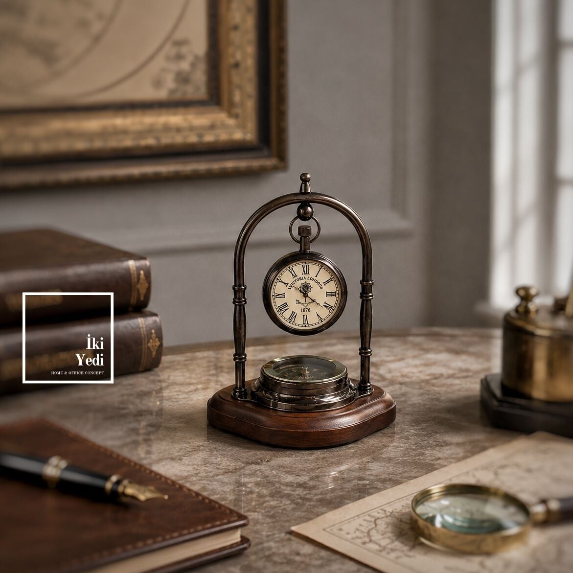 Victoria London 1876 Pusulalı Pirinç Masa Saati Vintage Retro Masaüstü Dekorasyon Hediye Aksesuar
