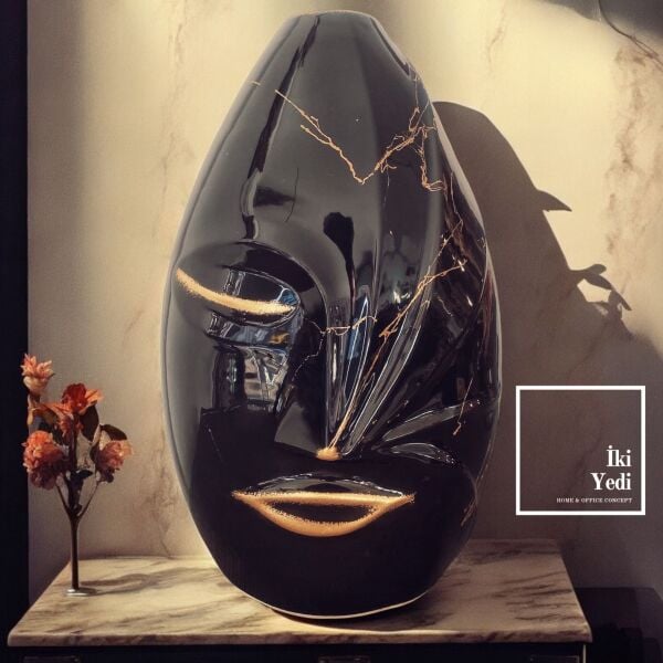 Nicolina 77-3 İnsan Yüzü Tasarım 30 cm Dekoratif Vazo Siyah Mermer Desen Süs Eşyası Modern Hediyelik Objeler Ev Ofis Hediyesi
