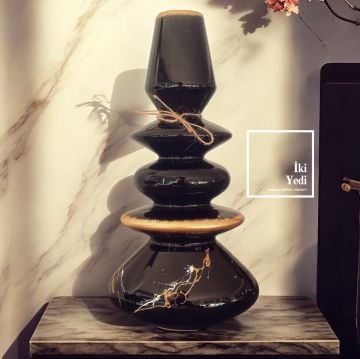 Nicolina 77-4 Siyah Mermer Desenli 34 cm Boğumlu Dekoratif Vazo, Modern Ev Ofis Hediyelik Obje
