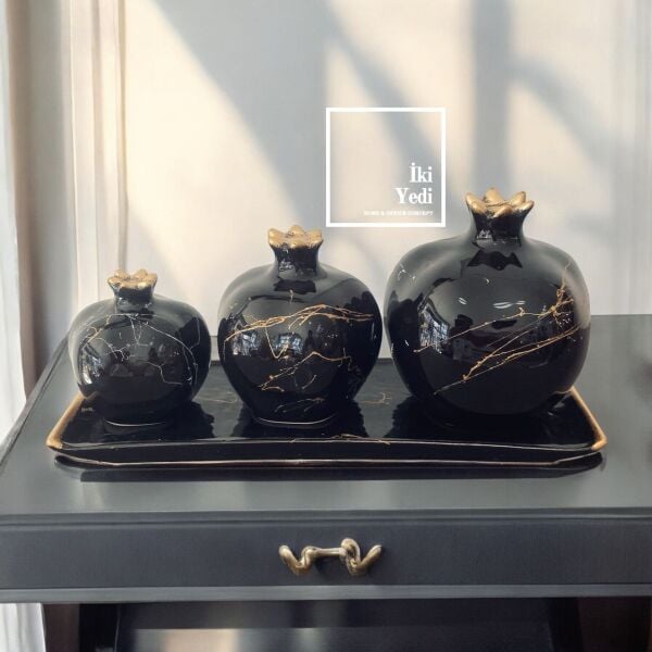 Nicolina 77-5 Siyah Mermer Desen 3'lü Nar Dekoratif Obje Seti Kaseli Ev Hediyesi Lüks Hediyelikler