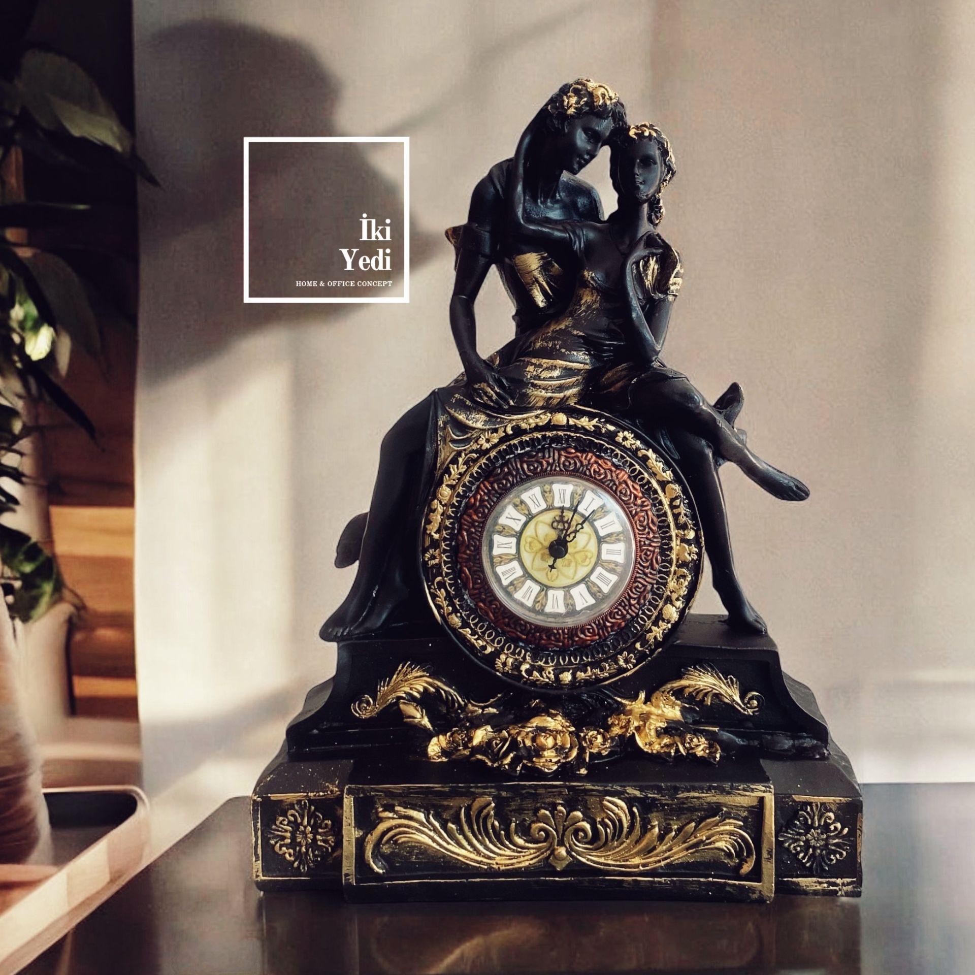 Bargola Aşıklar Figürlü Dekoratif Masa Saati, Antik Tarz Şömine Saati, Ev Ofis Hediyelik Obje