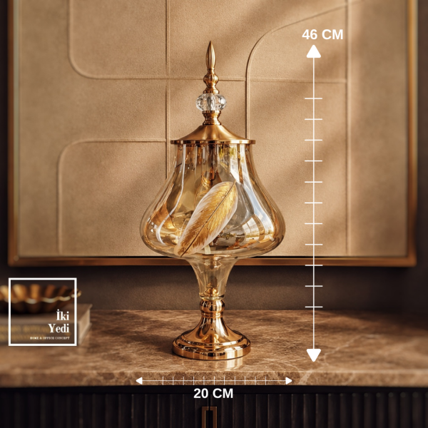 Tenerife Amber 773 Lüks Geniş Formlu Kapaklı Amfora Küp Altın Yaprak İşlemeli Cam Konsol Obje 46 cm